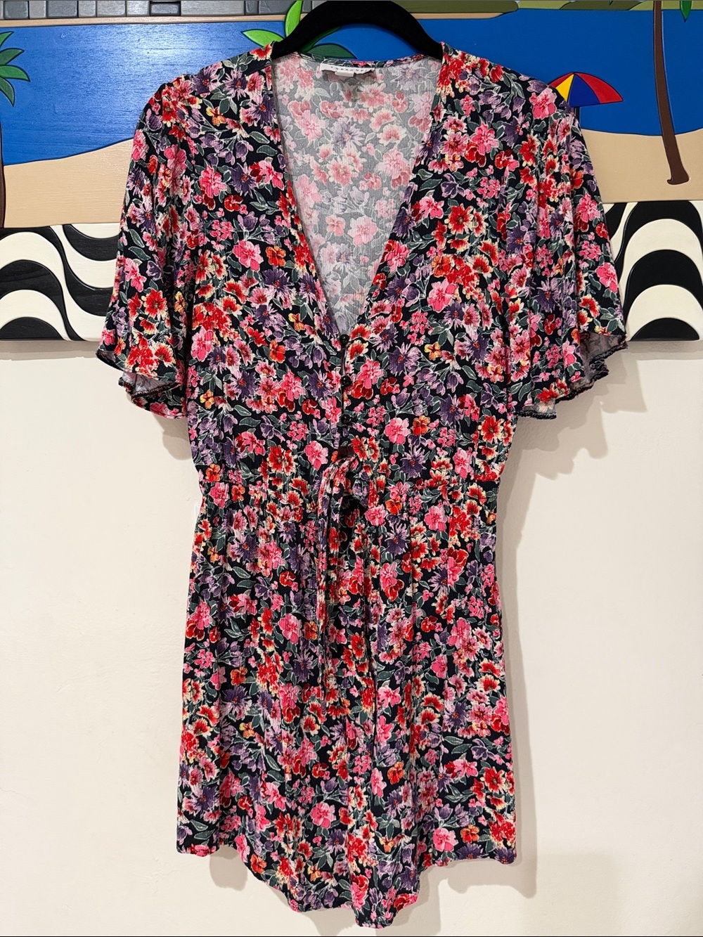 Topshop Floral V-Neck Short Sleeve Romper in Black with Pink & Red Flowers